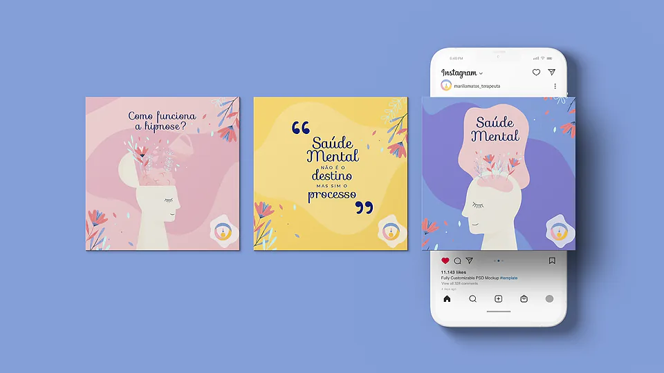 Posts de rede social sobre saúde mental e hipnose nas cores da marca
