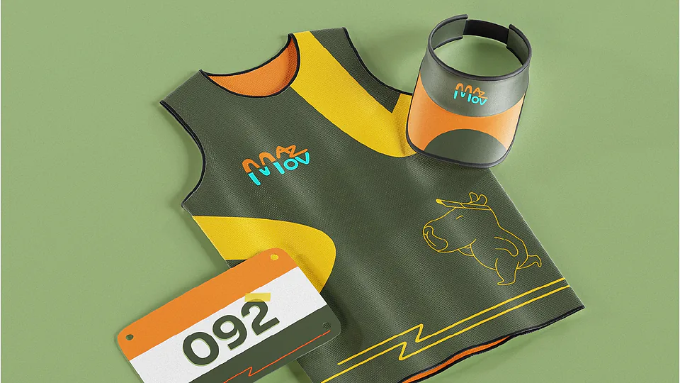 Regata de corrida com número de peito e viseira da marca