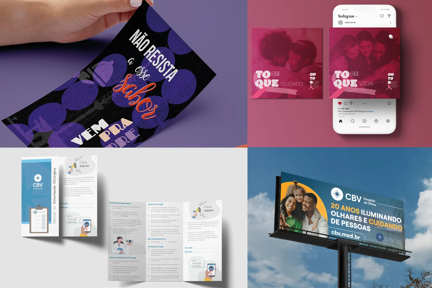 Mosaico de identidades para eventos criadas pela iellou, com convite, posts digitais, material de orientação e outdoor.
