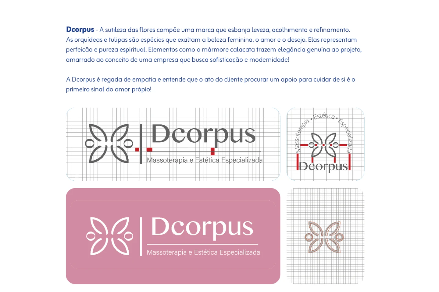 Estudo de redesign da marca Dcorpus, com construção do símbolo, versões da assinatura e aplicação sobre fundo rosa.